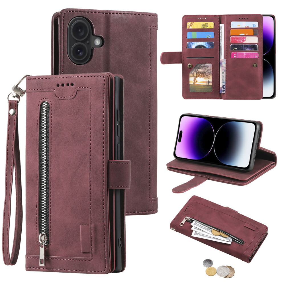 (Iphone 17, Wine ) For Iphone 17 Case 9 Card Slots Zipper Wallet Pu Leather Phone Cover With Wrist Strap Red 6914286831774