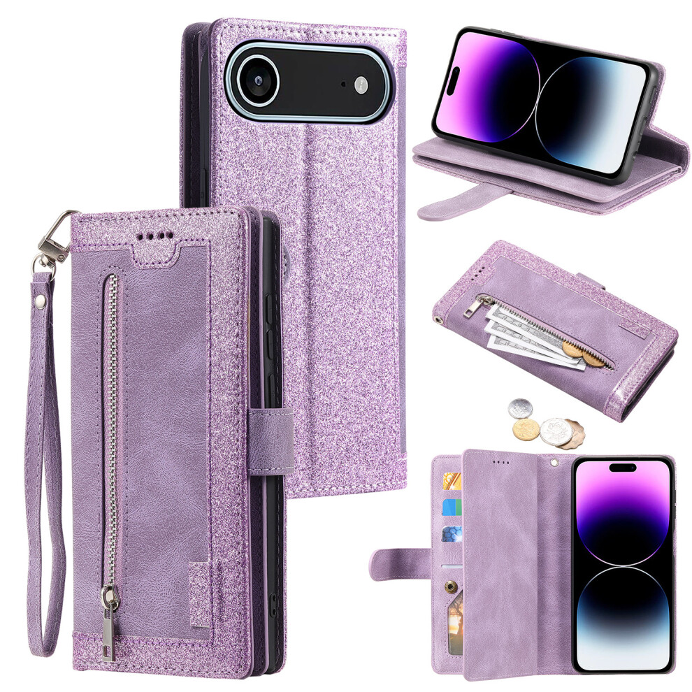 (Iphone Air, ) For Iphone Air Case 9 Card Slots Zipper Wallet Pu Leather Phone Cover With Wrist Strap Purple 6914289718744