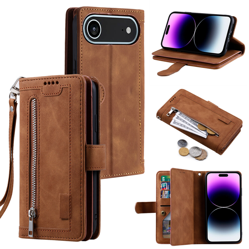 (Iphone Air, ) For Iphone Air Case 9 Card Slots Zipper Wallet Pu Leather Phone Cover With Wrist Strap Brown 6914288264952