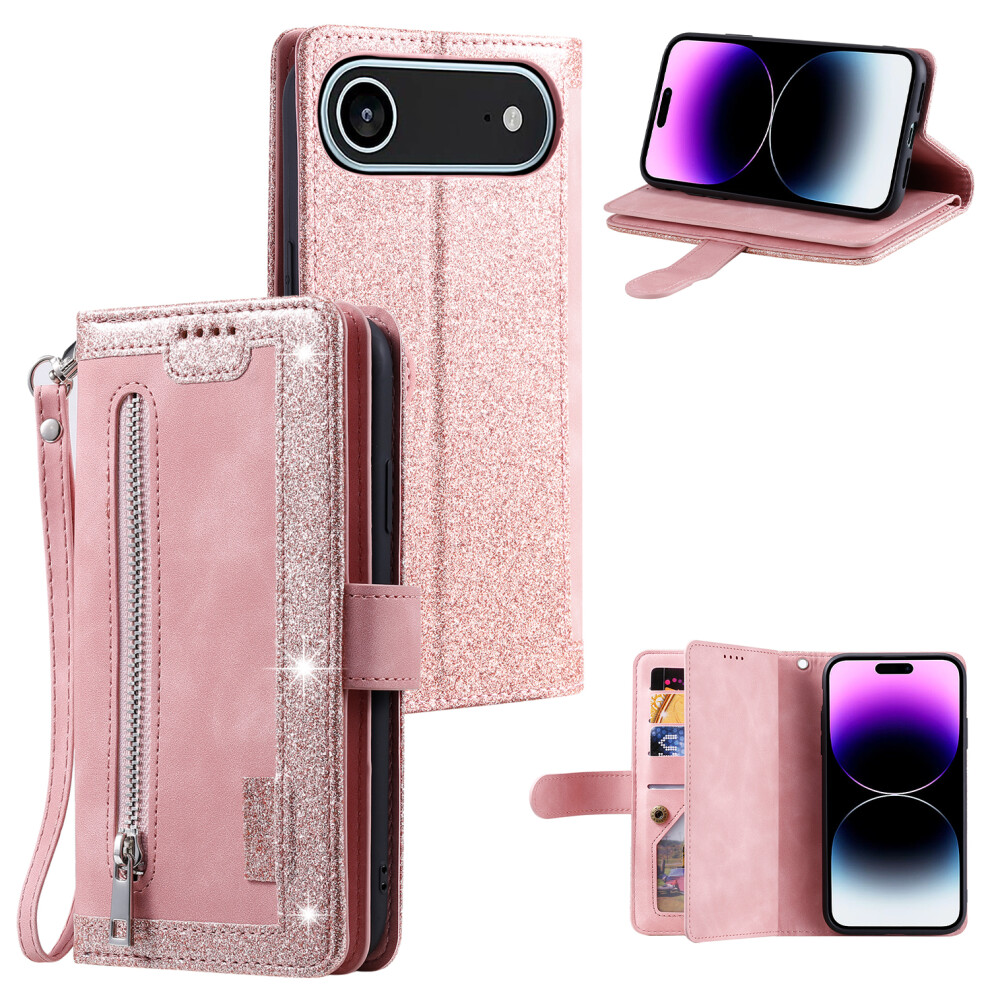 (Iphone Air, Rose ) For Iphone Air Case 9 Card Slots Zipper Wallet Pu Leather Phone Cover With Wrist Strap Gold 6914282895060