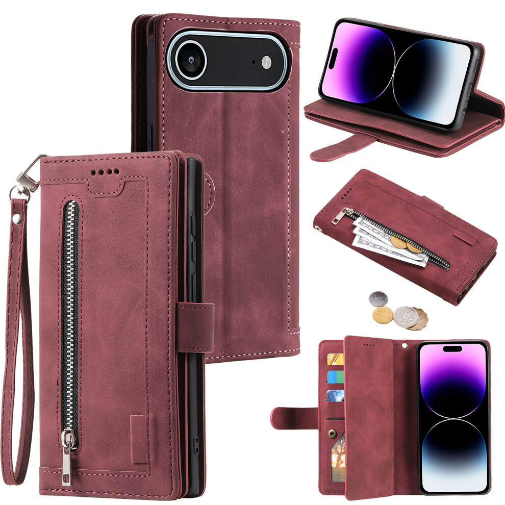 (Iphone Air, Wine ) For Iphone Air Case 9 Card Slots Zipper Wallet Pu Leather Phone Cover With Wrist Strap Red 6914288085717