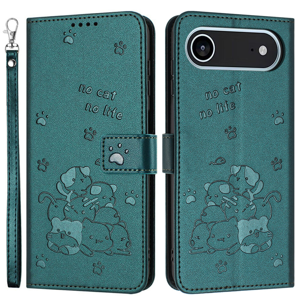 (Iphone Air, Blackish ) For Iphone Air Wallet Case Cats Imprint Leather Phone Cover With Strap Green 6914281317327