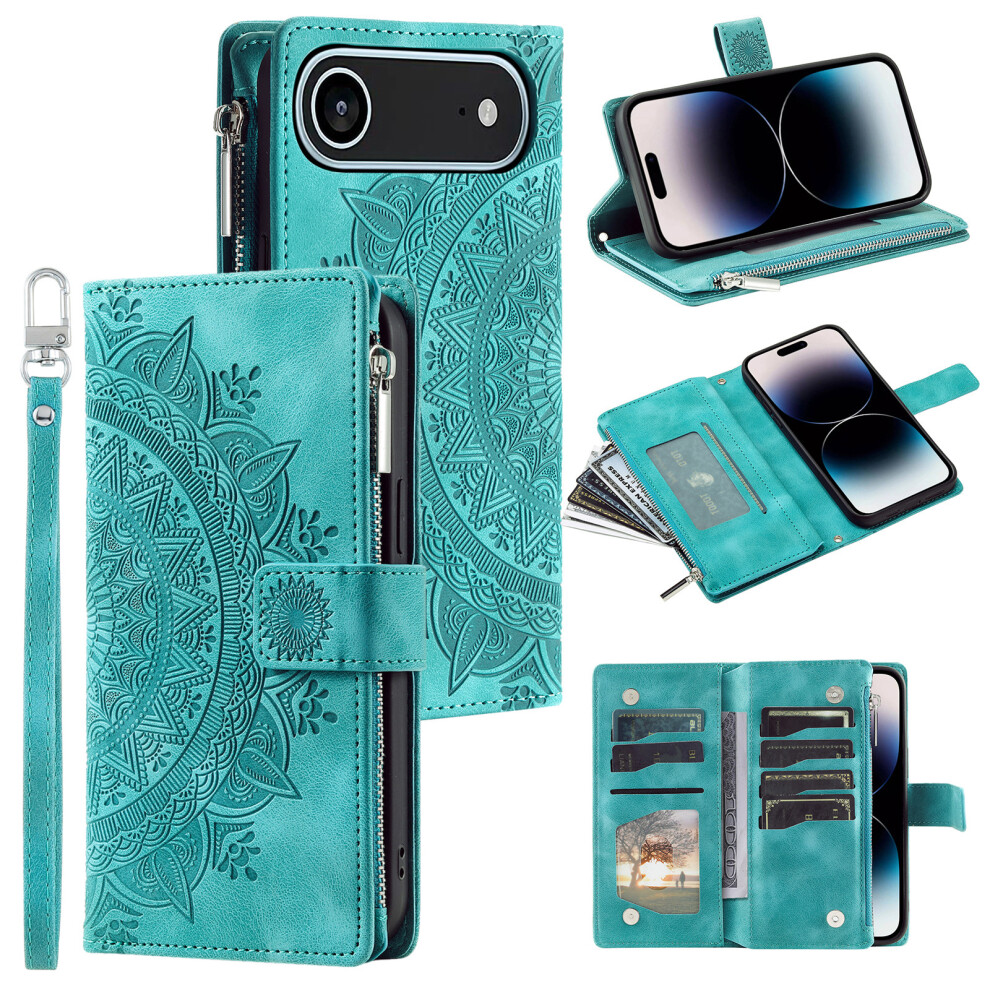 (Iphone Air, Mint ) For Iphone Air Wallet Case Mandala Flower Pattern Pu Leather Phone Cover With Wrist Strap Green 6914288397858