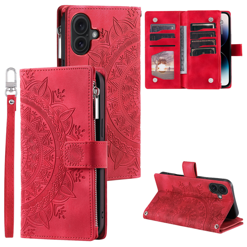 (Iphone 17, Rose) For Iphone 17 Wallet Case Mandala Flower Pattern Pu Leather Phone Cover With Wrist Strap 6914288758475