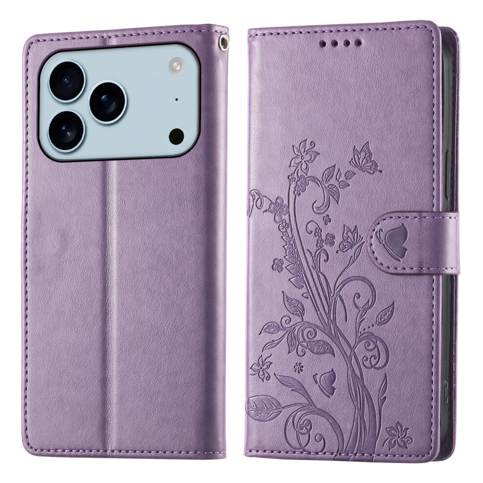 (Iphone 17 Pro, ) For Iphone 17 Pro Wallet Case Butterfly Floral Imprint Pu Leather Phone Cover With Wrist Strap Purple 6914287682061