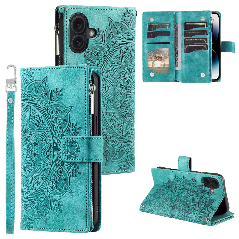 (Iphone 17, Mint ) For Iphone 17 Wallet Case Mandala Flower Pattern Pu Leather Phone Cover With Wrist Strap Green 6914280038148