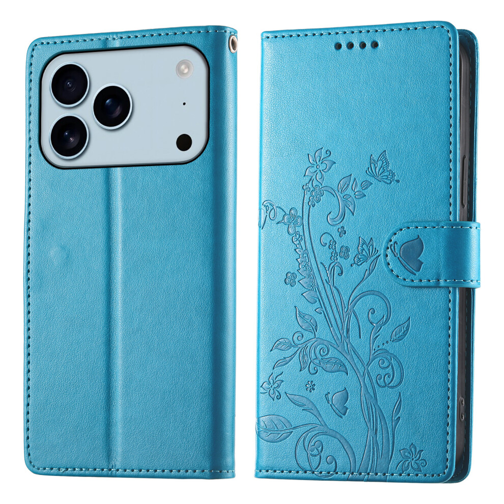 (Iphone 17 Pro, ) For Iphone 17 Pro Wallet Case Butterfly Floral Imprint Pu Leather Phone Cover With Wrist Strap Blue 6914287160040