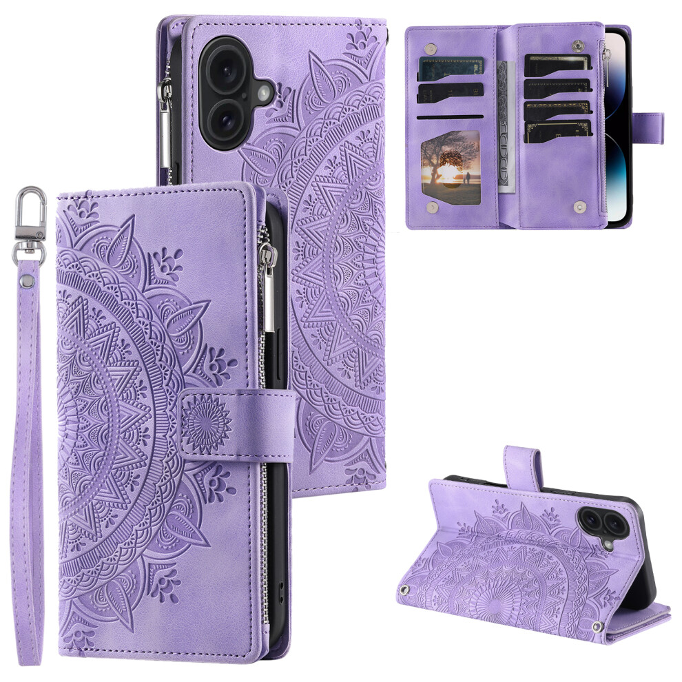 (Iphone 17, ) For Iphone 17 Wallet Case Mandala Flower Pattern Pu Leather Phone Cover With Wrist Strap Purple 6914284250393