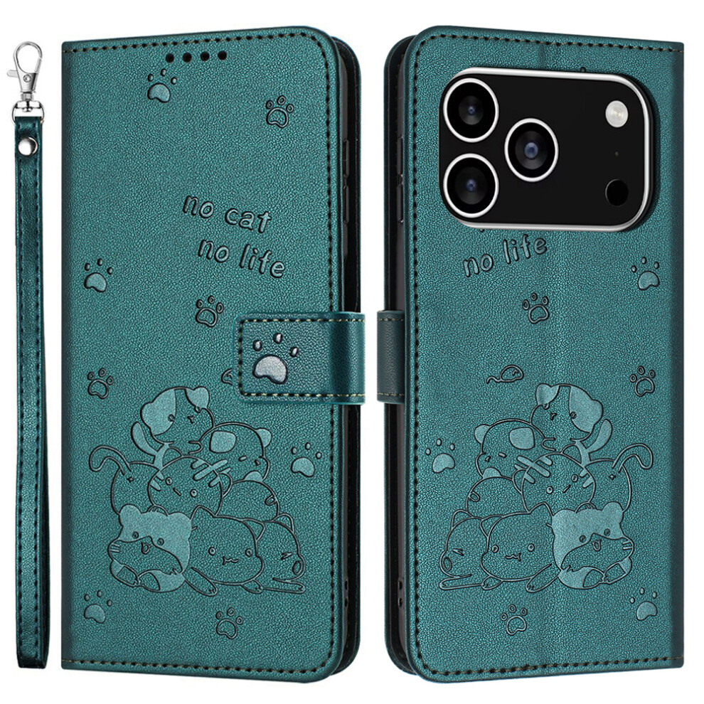 (Iphone 17 Pro, Blackish ) For Iphone 17 Pro Wallet Case Cats Imprint Leather Phone Cover With Strap Green 6914283004522