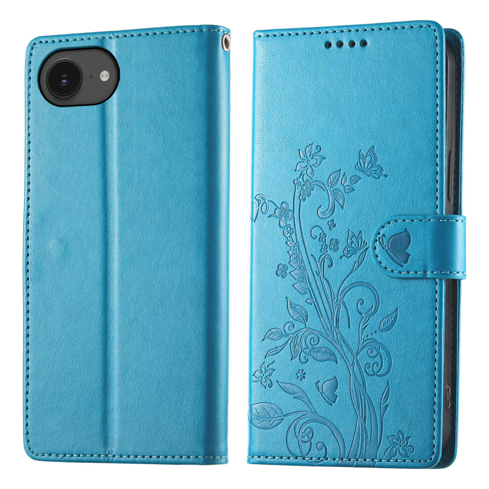 (Iphone 16E, ) For Iphone 16E Wallet Case Butterfly Floral Imprint Pu Leather Phone Cover With Wrist Strap Blue 6914289726091