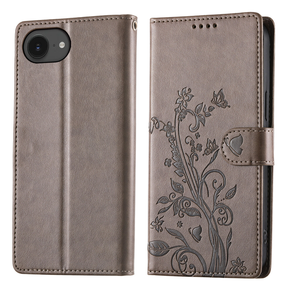(Iphone 16E, ) For Iphone 16E Wallet Case Butterfly Floral Imprint Pu Leather Phone Cover With Wrist Strap Grey 6914282817833