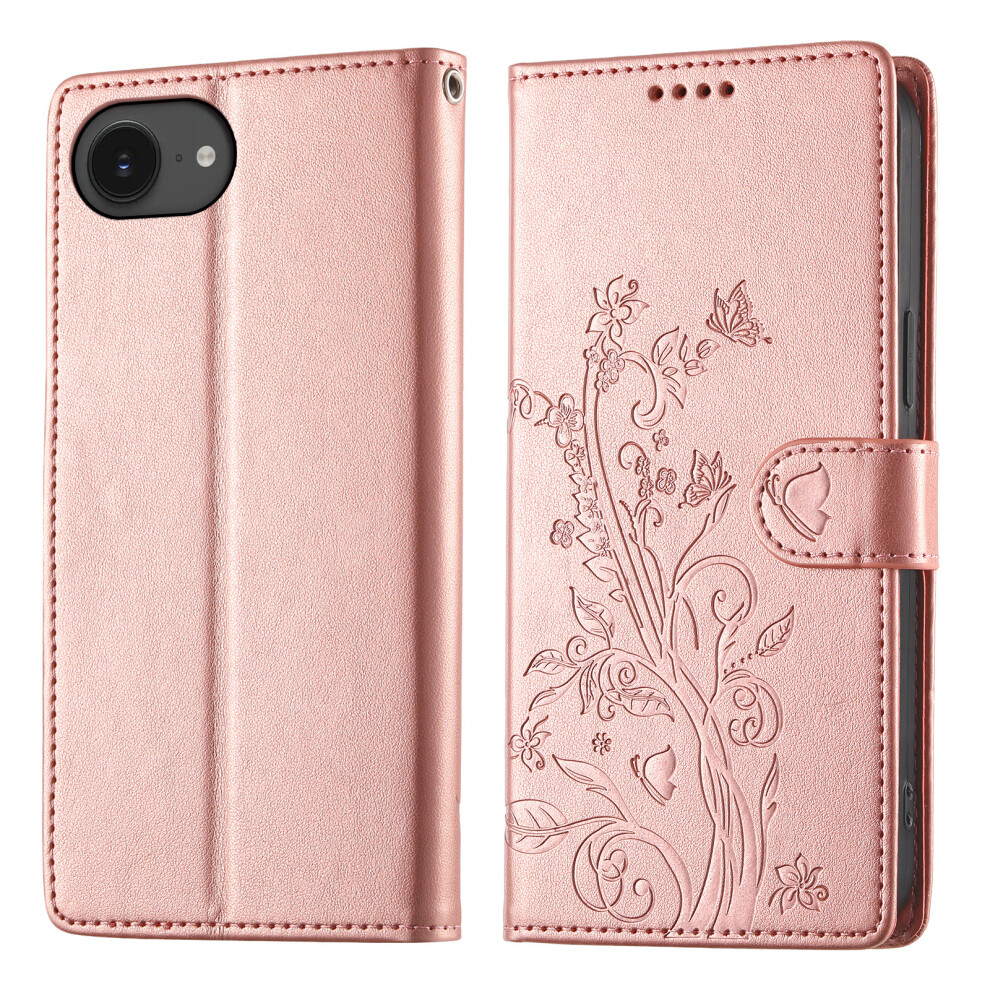 (Iphone 16E, Rose ) For Iphone 16E Wallet Case Butterfly Floral Imprint Pu Leather Phone Cover With Wrist Strap Gold 6914284454036