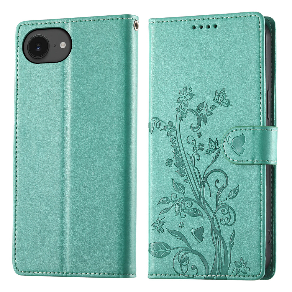 (Iphone 16E, ) For Iphone 16E Wallet Case Butterfly Floral Imprint Pu Leather Phone Cover With Wrist Strap Green 6914280386775