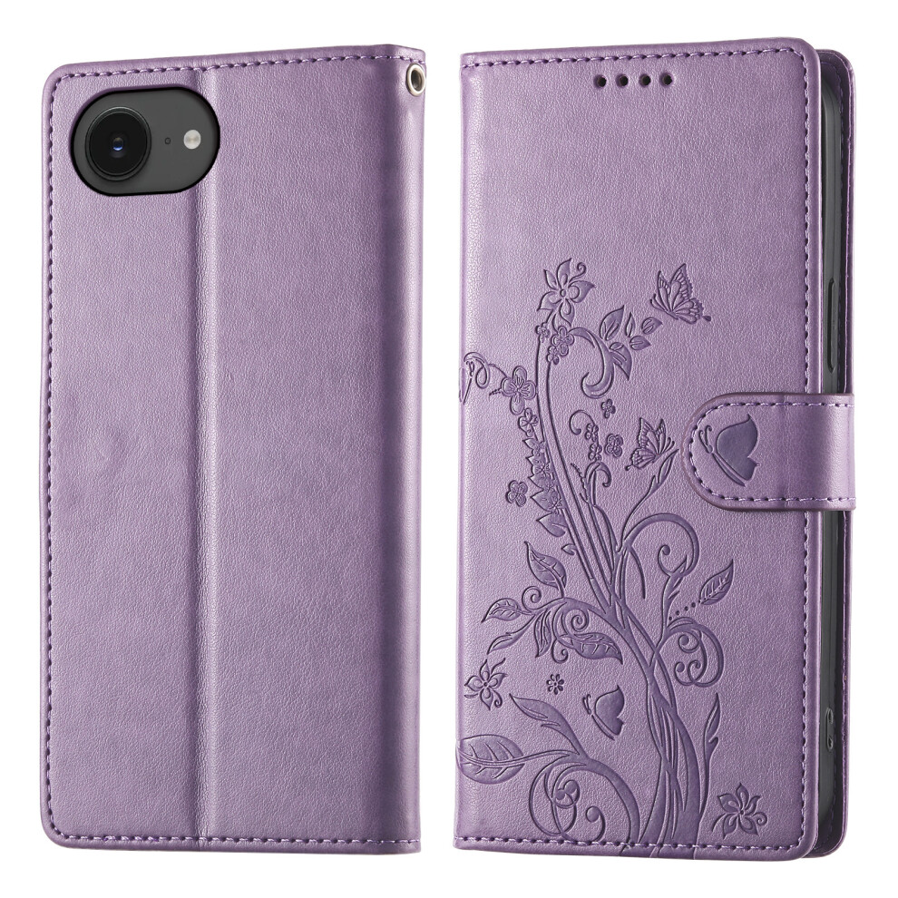 (Iphone 16E, ) For Iphone 16E Wallet Case Butterfly Floral Imprint Pu Leather Phone Cover With Wrist Strap Purple 6914286405883