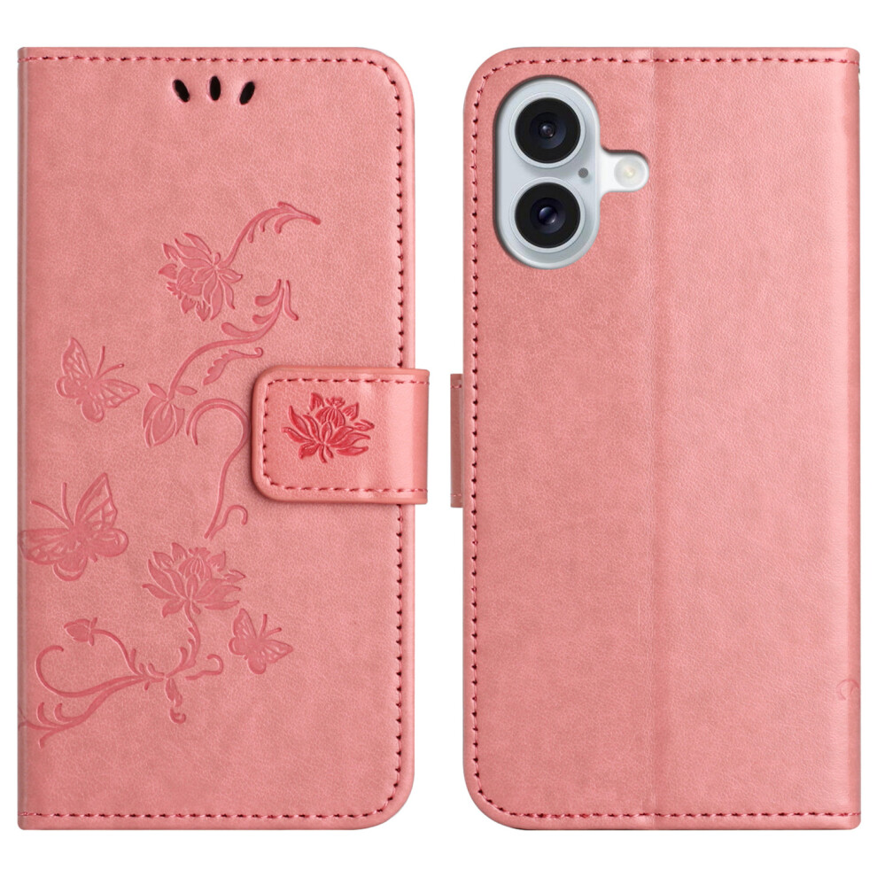 (Iphone 17, ) For Iphone 17 Case Wallet Stand Imprinted Butterfly Flower Pu Leather Phone Cover Pink 6914284028138