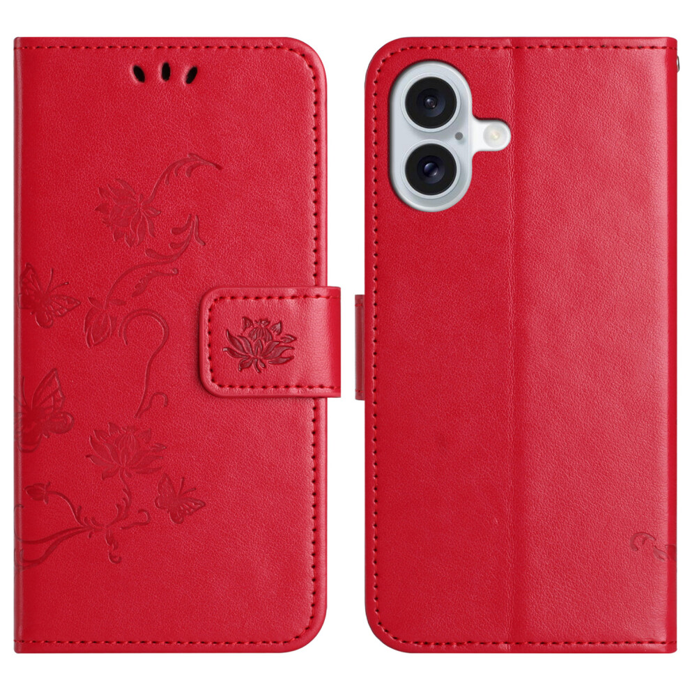 (Iphone 17, ) For Iphone 17 Case Wallet Stand Imprinted Butterfly Flower Pu Leather Phone Cover Red 6914281694923