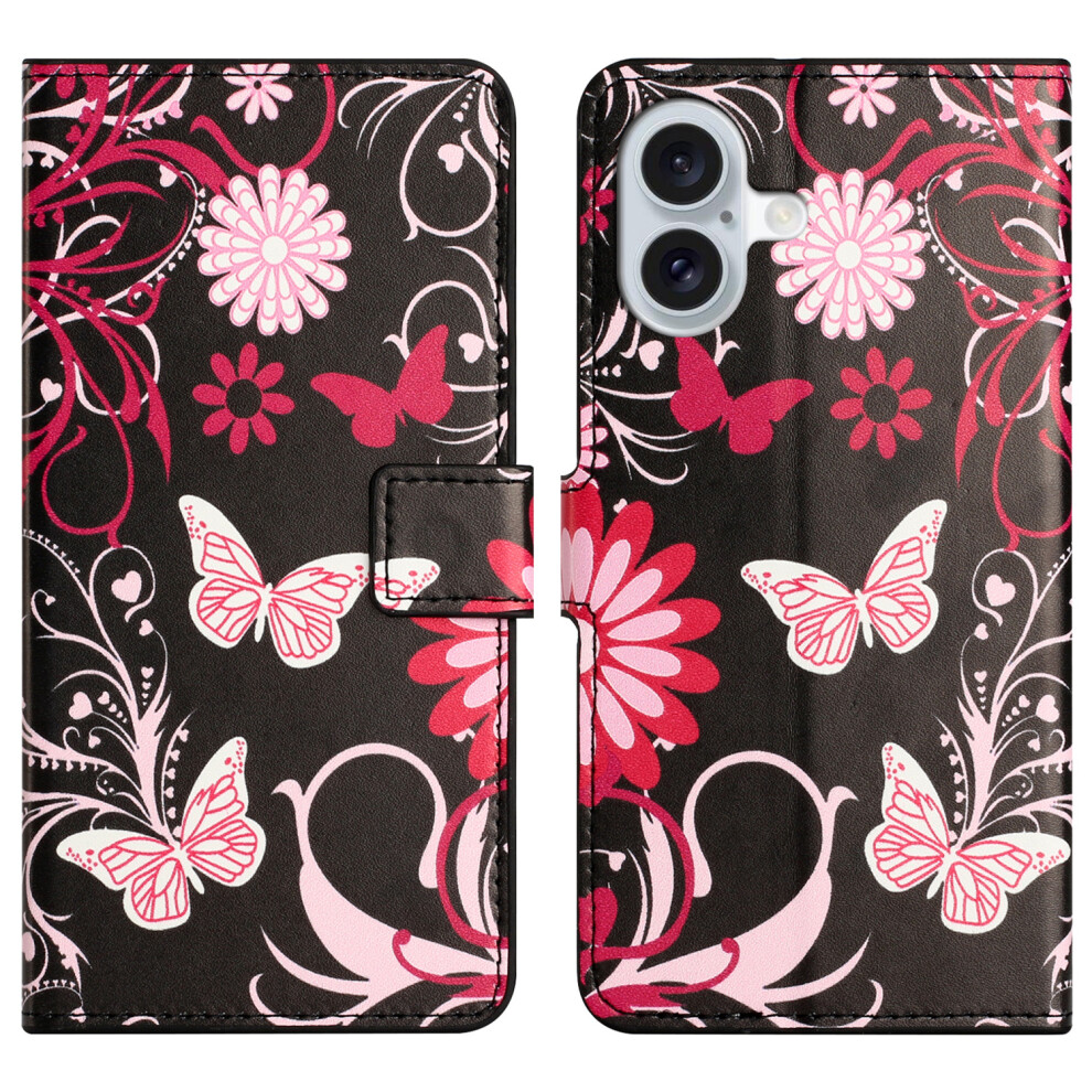 (Iphone 17, Butterfly) For Iphone 17 Case Pattern Print Pu Leather Wallet Phone Cover Black 6914284921330