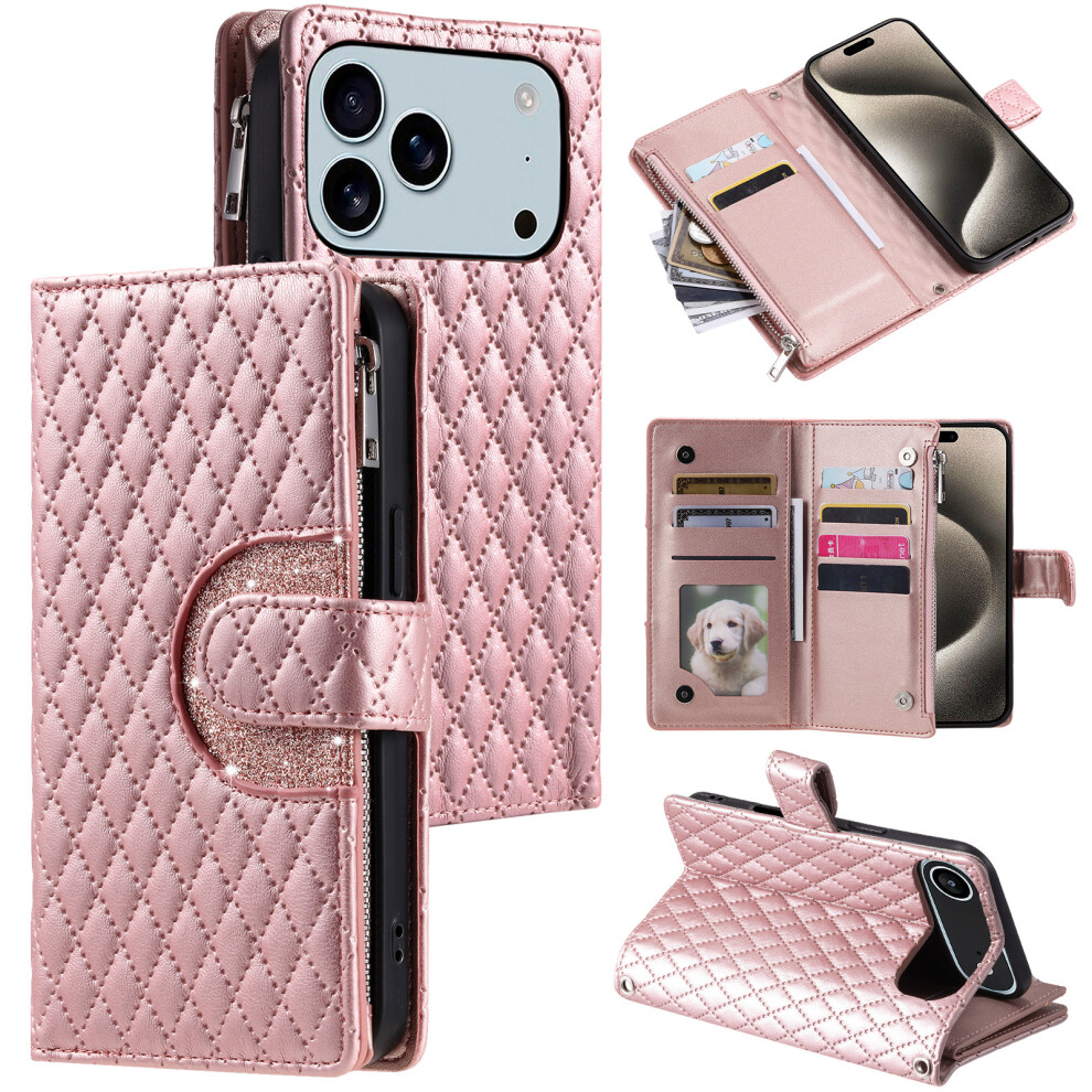 (Iphone 17 Pro, Rose ) For Iphone 17 Pro Case Zipper Pocket Glitter Leather Phone Cover With Wrist Strap Gold 6914281966822