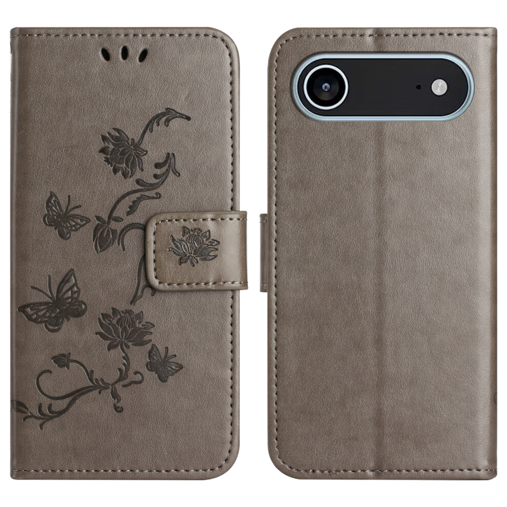 (Iphone Air, ) For Iphone Air Case Wallet Stand Imprinted Butterfly Flower Pu Leather Phone Cover Grey 6914289360295