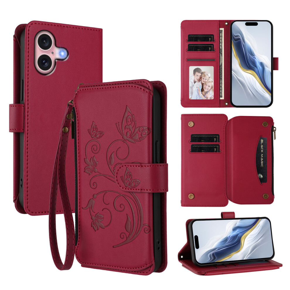 (Iphone 16, Wine ) For Iphone 16 Leather Case Butterfly Floral Imprint Zipper Wallet Stand Cover With Wrist Strap Red 6914288011853