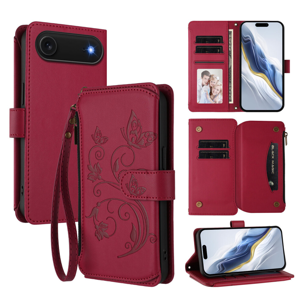 (Iphone Air, Wine ) For Iphone Air Leather Case Butterfly Floral Imprint Zipper Wallet Stand Cover With Wrist Strap Red 6914285140174