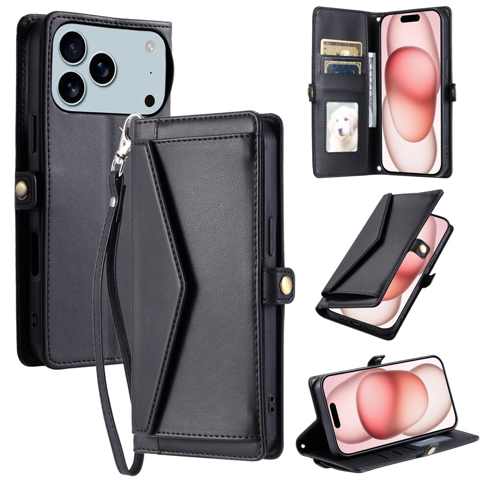 (Iphone 17 Pro Max, ) For Iphone 17 Pro Max Leather Case With Wrist Strap Wallet Stand Phone Cover Black 6914287298972