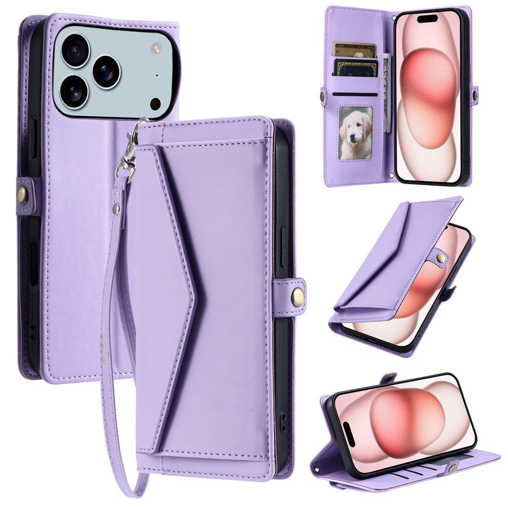 (Iphone 17 Pro Max, ) For Iphone 17 Pro Max Leather Case With Wrist Strap Wallet Stand Phone Cover Purple 6914282216698