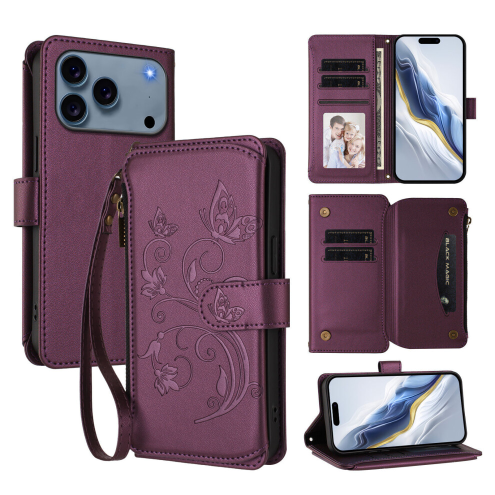 (Iphone 17 Pro, ) For Iphone 17 Pro Leather Case Butterfly Floral Imprint Zipper Wallet Stand Cover With Wrist Strap Purple 6914288644976