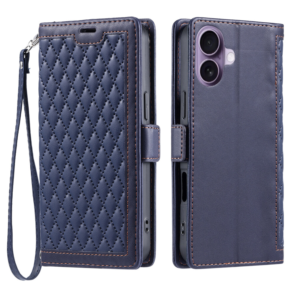(Iphone 17, ) For Iphone 17 Leather Case Rhombus Texture Wallet Stand Phone Cover With Wrist Strap Blue 6914285380150