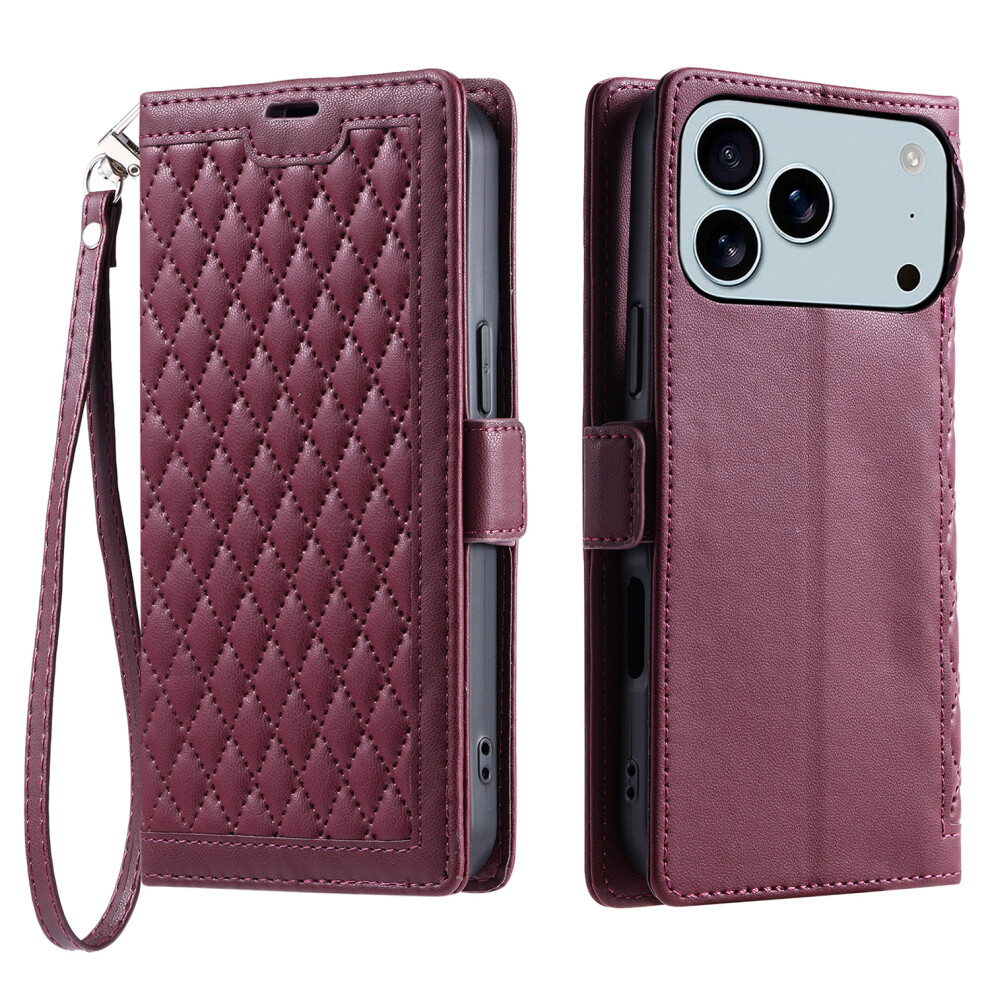 (Iphone 17 Pro Max, Wine ) For Iphone 17 Pro Max Leather Case Rhombus Texture Wallet Stand Phone Cover With Wrist Strap Red 6914284776190