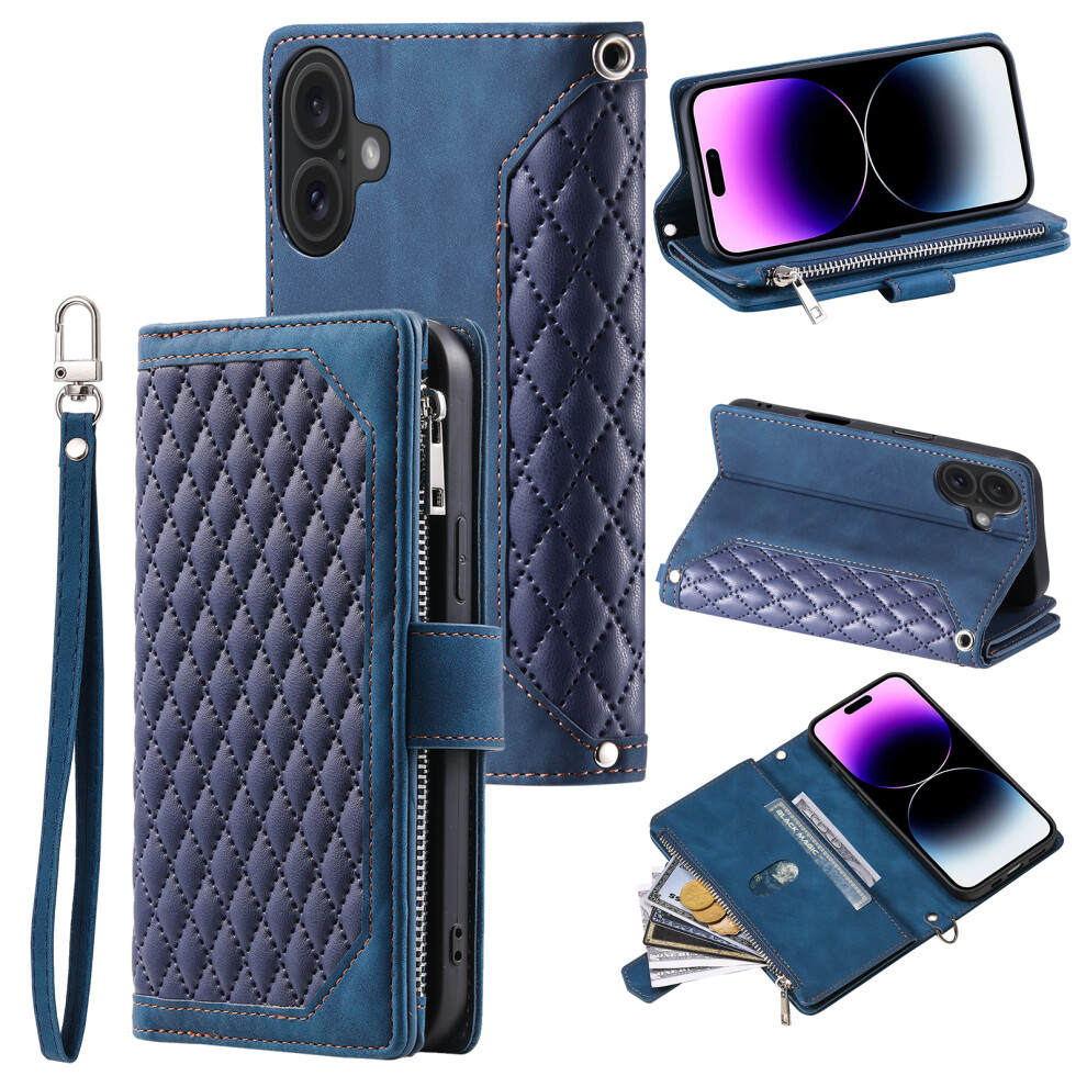 (Iphone 17, ) For Iphone 17 Wallet Case Rhombus Stitching Line Pu Leather Phone Cover With Wrist Strap Blue 6914286083050