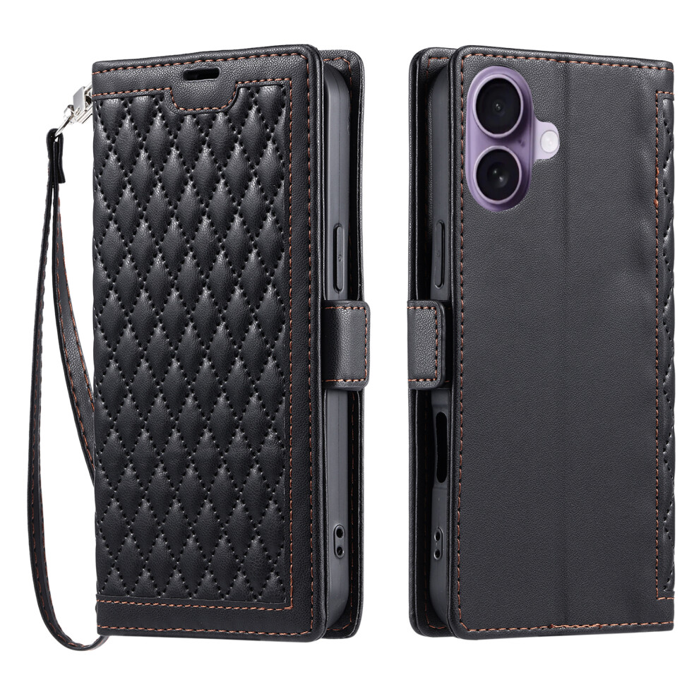 (Iphone 17, ) For Iphone 17 Leather Case Rhombus Texture Wallet Stand Phone Cover With Wrist Strap Black 6914289803631