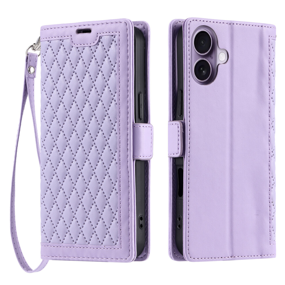 (Iphone 17, ) For Iphone 17 Leather Case Rhombus Texture Wallet Stand Phone Cover With Wrist Strap Purple 6914288204057