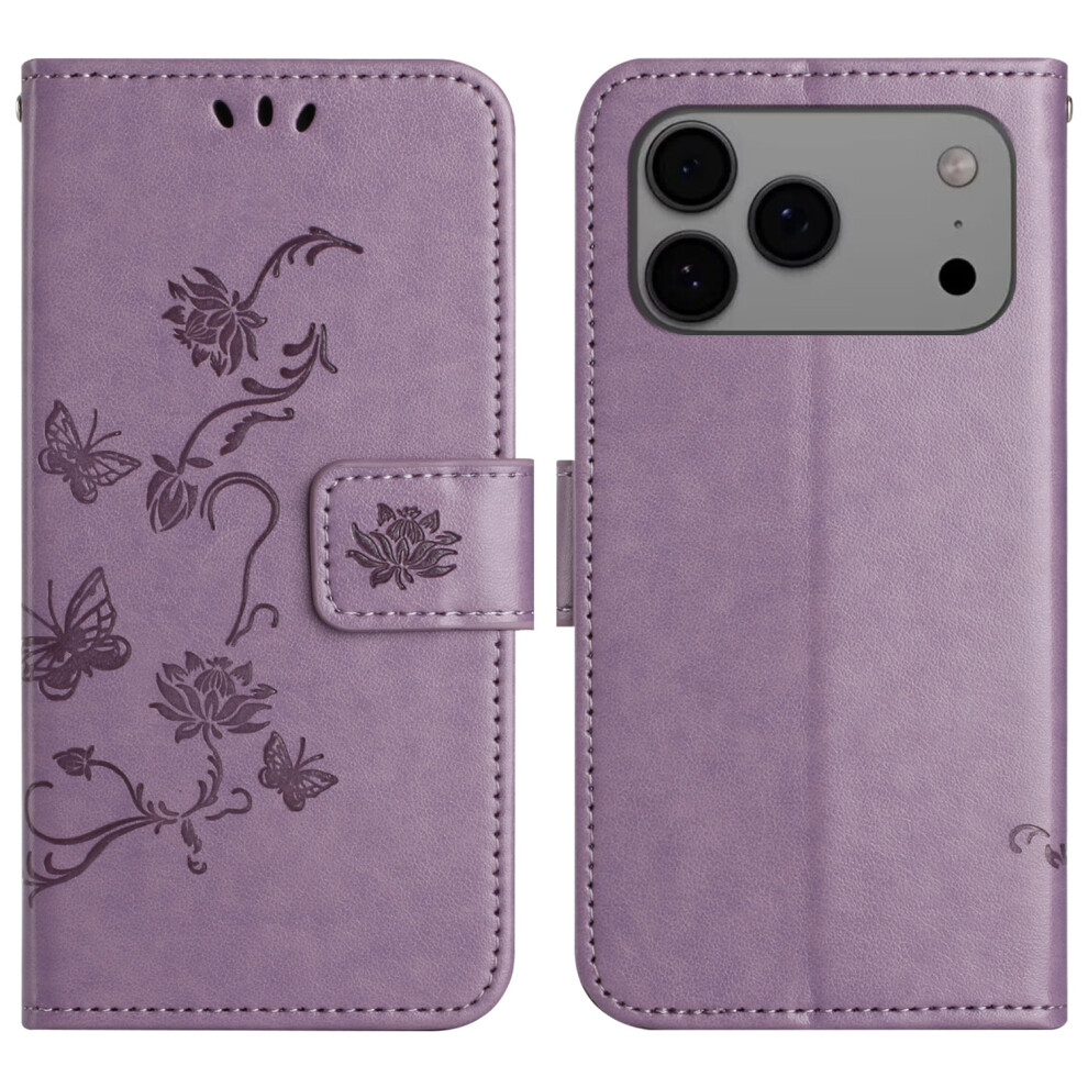 (Iphone 17 Pro, ) For Iphone 17 Pro Case Wallet Stand Imprinted Butterfly Flower Pu Leather Phone Cover Purple 6914282076292