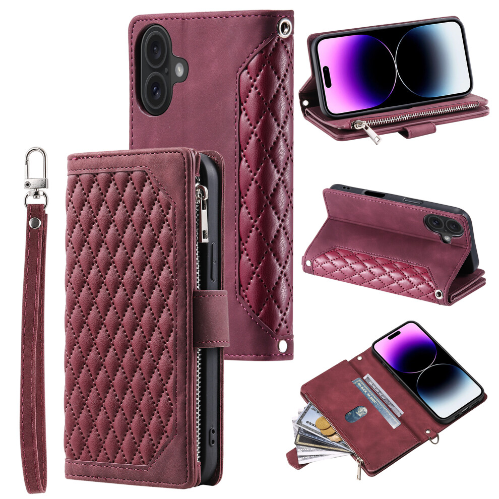 (Iphone 17, Wine ) For Iphone 17 Wallet Case Rhombus Stitching Line Pu Leather Phone Cover With Wrist Strap Red 6914282457190