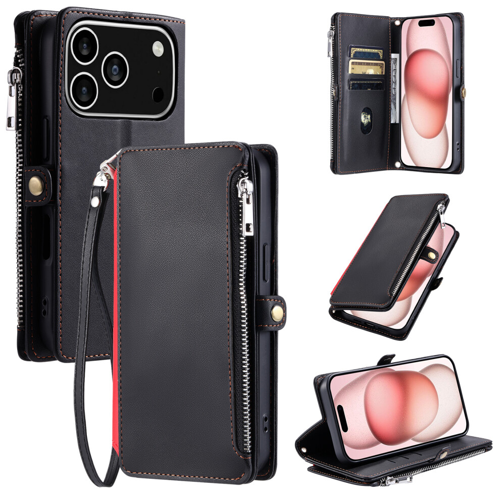 (Iphone 17 Pro, ) For Iphone 17 Pro Case Tpu+Pu Leather Wallet Phone Cover With Wrist Strap Black 6914284267339