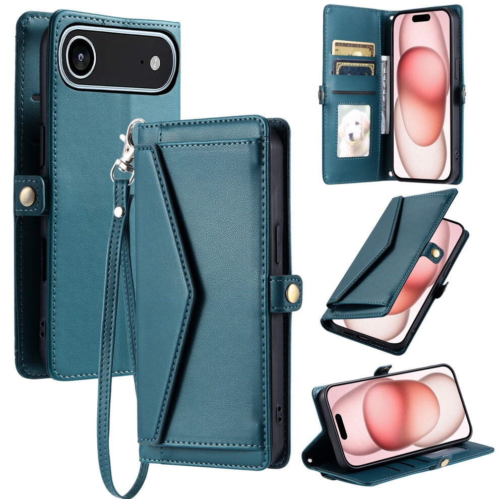 (Iphone Air, Blackish ) For Iphone Air Leather Case With Wrist Strap Wallet Stand Phone Cover Green 6914286426925
