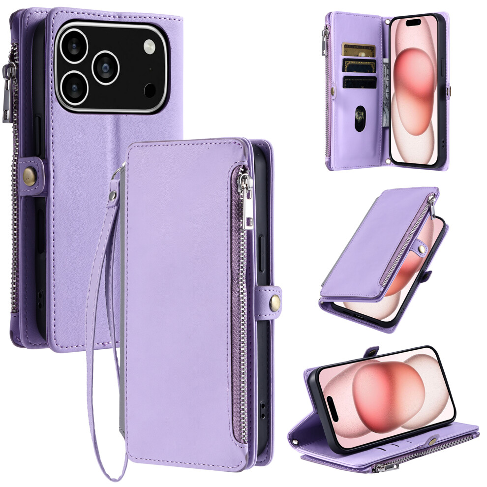 (Iphone 17 Pro, ) For Iphone 17 Pro Case Tpu+Pu Leather Wallet Phone Cover With Wrist Strap Purple 6914281443439
