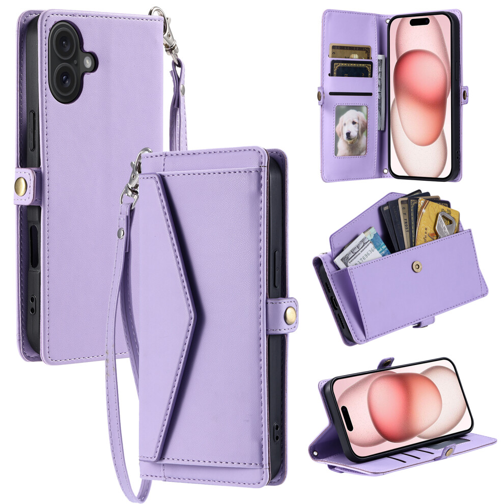 (Iphone 17, ) For Iphone 17 Leather Case With Wrist Strap Wallet Stand Phone Cover Purple 6914281759080