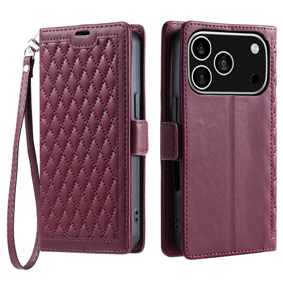 (Iphone 17 Pro, Wine ) For Iphone 17 Pro Leather Case Rhombus Texture Wallet Stand Phone Cover With Wrist Strap Red 6914288670159