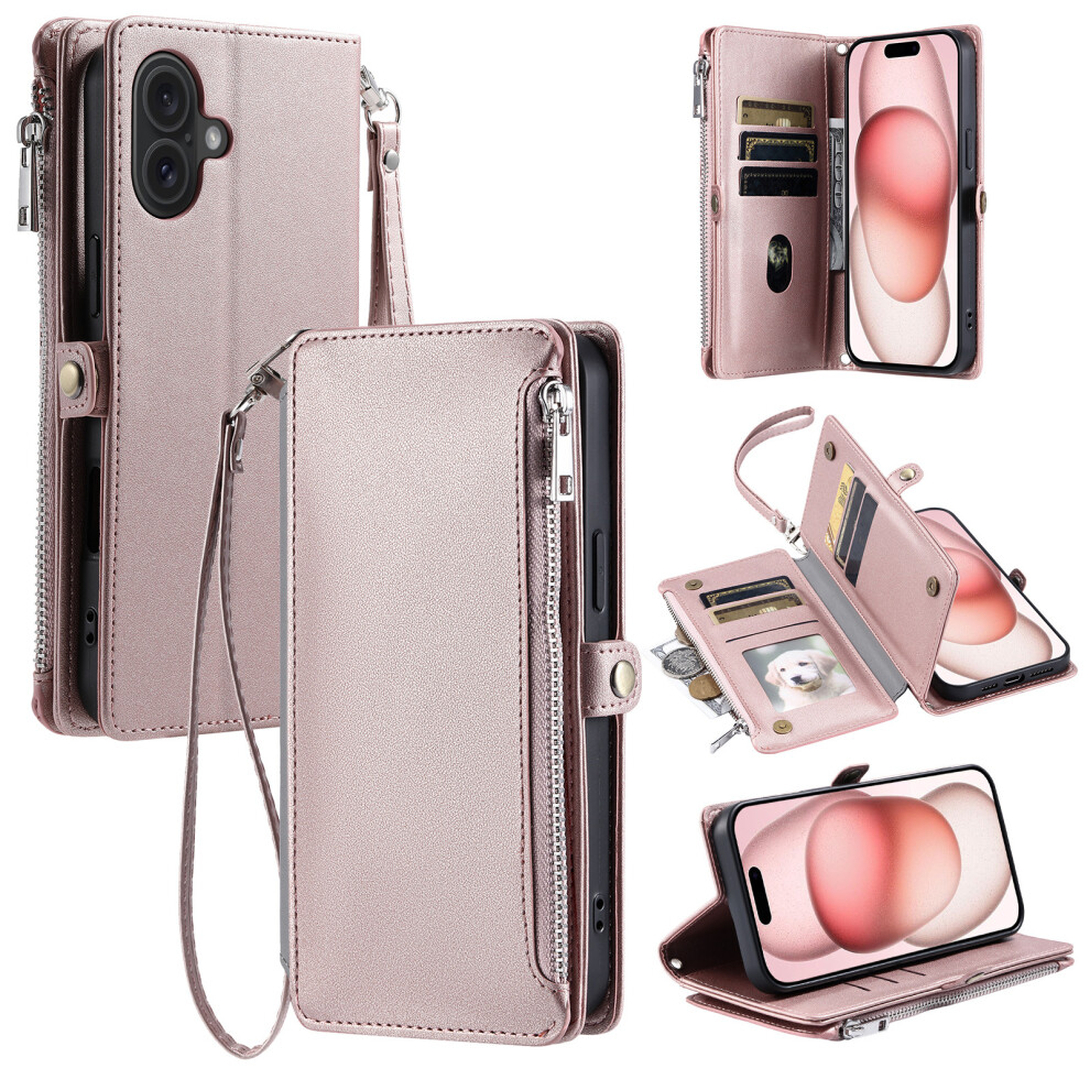 (Iphone 17, Rose ) For Iphone 17 Case Tpu+Pu Leather Wallet Phone Cover With Wrist Strap Gold 6914280363646