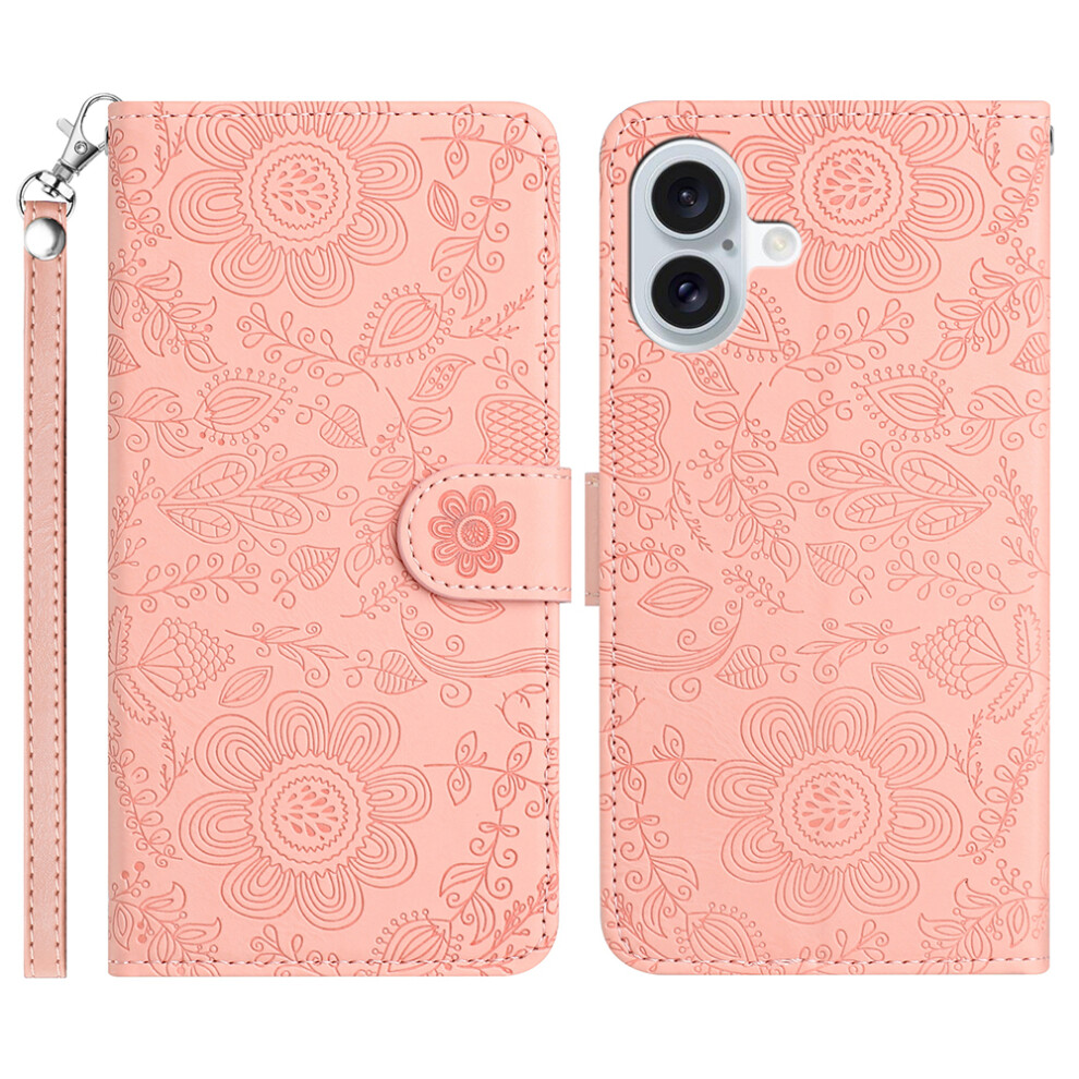 (Iphone 17, ) For Iphone 17 Case Flower Imprint Leather Flip Wallet Phone Cover With Wrist Strap Pink 6914282729419