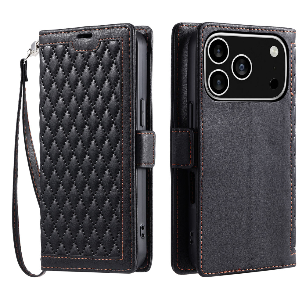 (Iphone 17 Pro, ) For Iphone 17 Pro Leather Case Rhombus Texture Wallet Stand Phone Cover With Wrist Strap Black 6914282871897