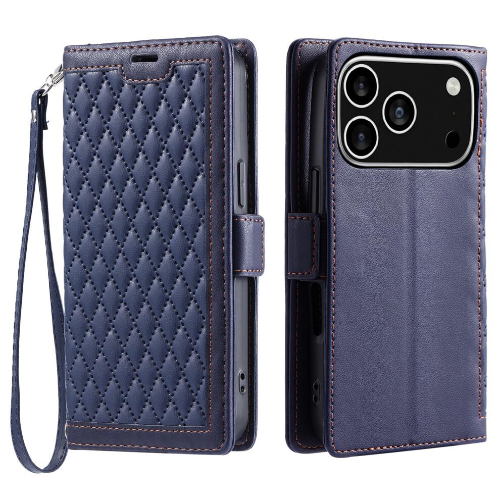(Iphone 17 Pro, ) For Iphone 17 Pro Leather Case Rhombus Texture Wallet Stand Phone Cover With Wrist Strap Blue 6914283883943