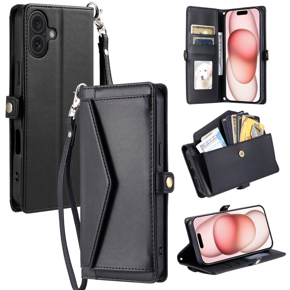(Iphone 17, ) For Iphone 17 Leather Case With Wrist Strap Wallet Stand Phone Cover Black 6914288322737