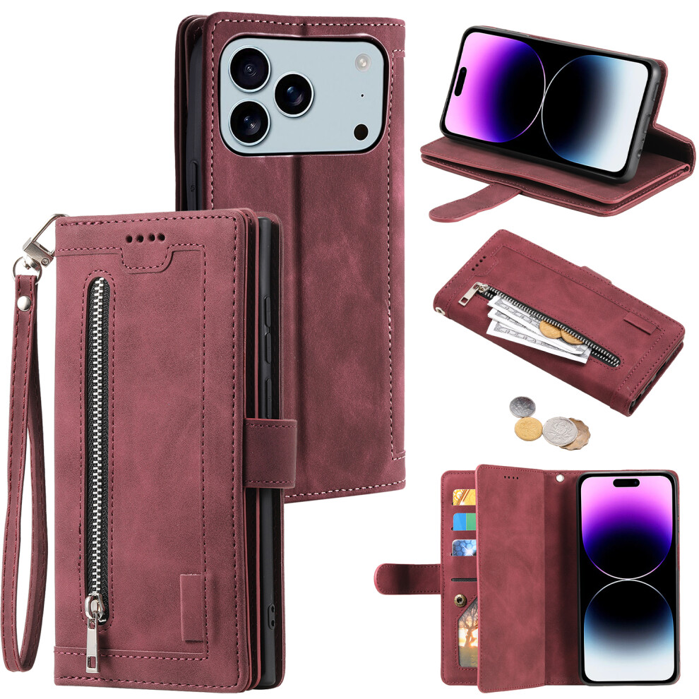 (Iphone 17 Pro Max, Wine ) For Iphone 17 Pro Max Case 9 Card Slots Zipper Wallet Pu Leather Phone Cover With Wrist Strap Red 6914284323523