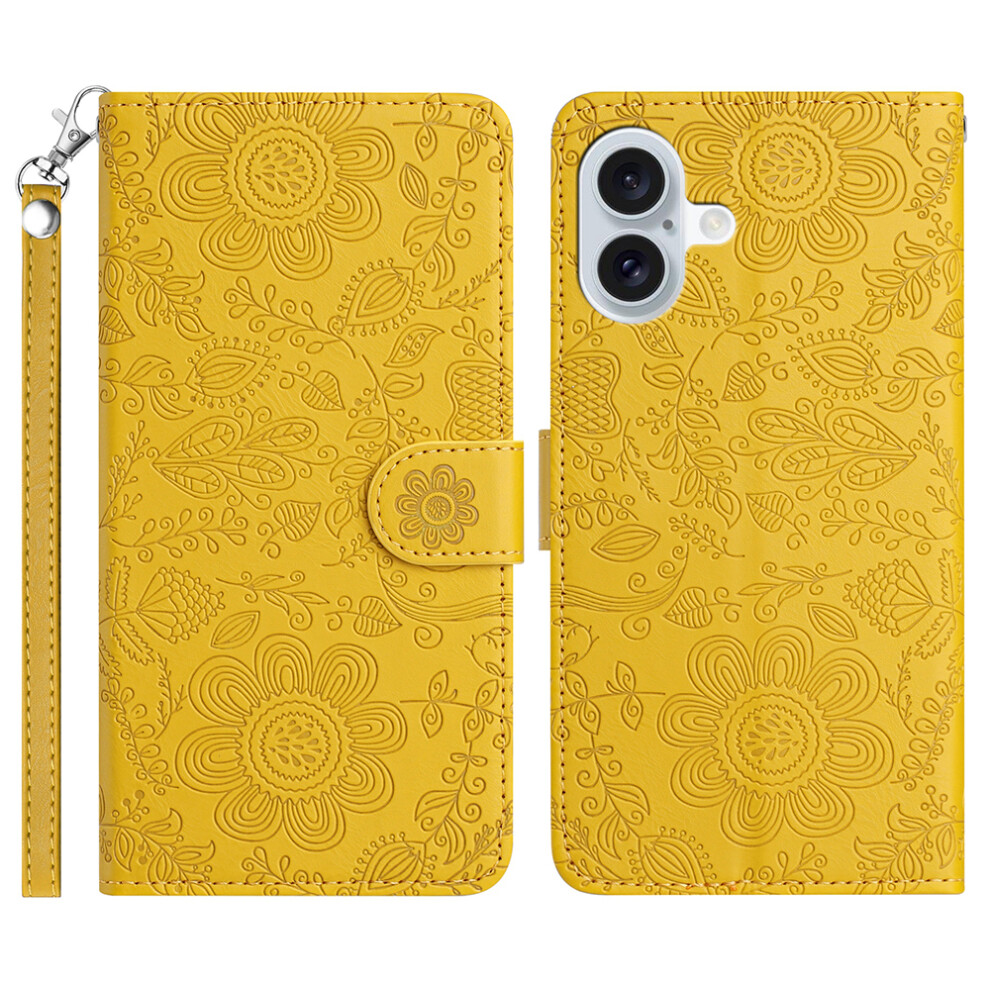 (Iphone 17, ) For Iphone 17 Case Flower Imprint Leather Flip Wallet Phone Cover With Wrist Strap Yellow 6914284365615