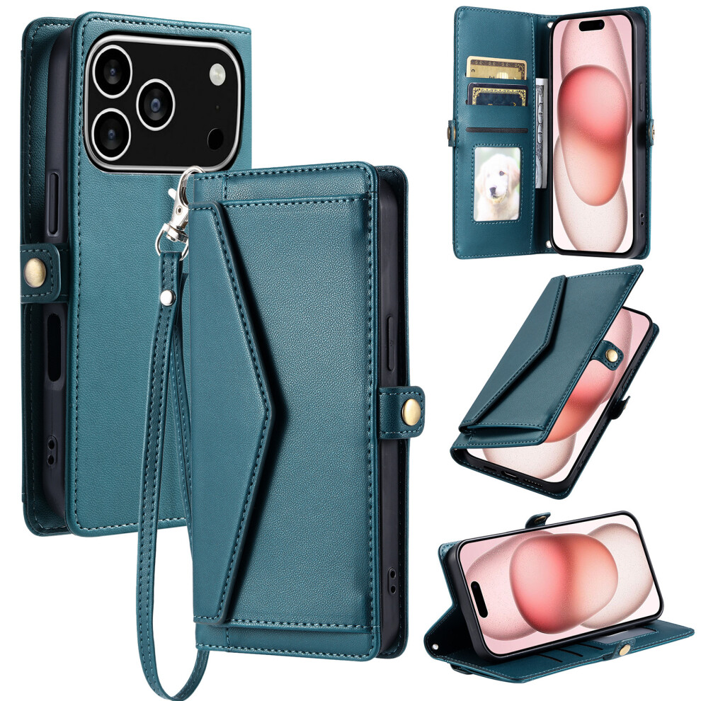 (Iphone 17 Pro, Blackish ) For Iphone 17 Pro Leather Case With Wrist Strap Wallet Stand Phone Cover Green 6914284136239