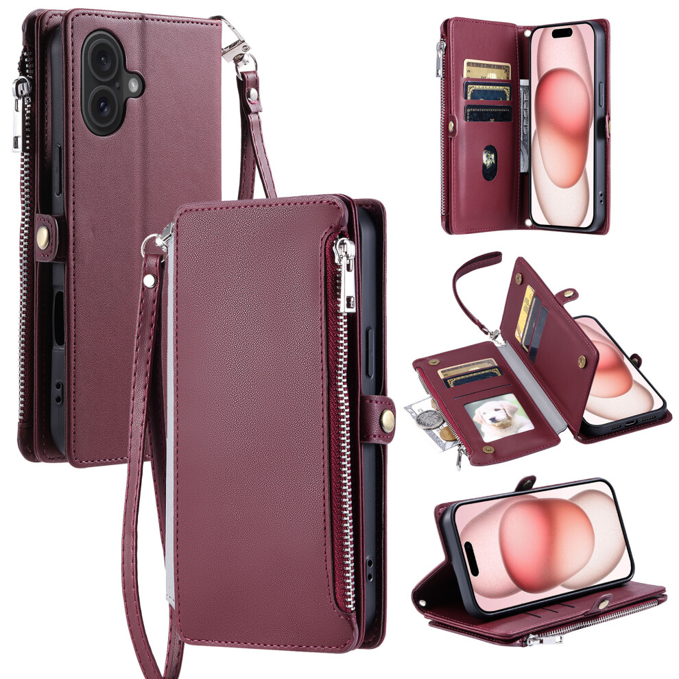 (Iphone 17, Wine ) For Iphone 17 Case Tpu+Pu Leather Wallet Phone Cover With Wrist Strap Red 6914287536678