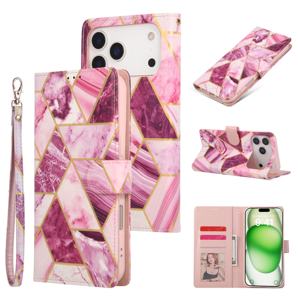 (Iphone 17 Pro, ) For Iphone 17 Pro Case Lacquered Marble Pattern Leather Phone Cover With Wrist Strap Purple 6914285124570